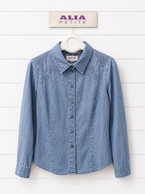 ALIA Denim Shirt with Embroidered Shoulder Detail Size 10p